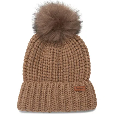 Barbour Saltburn Knit Beanie With Faux Fur Pom In Brown