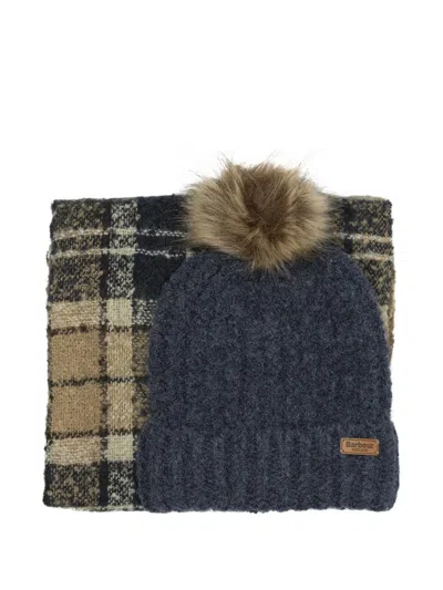 Barbour Saltburn Pom-pom Check-pattern Scarf And Beanie Hat Set In Blue