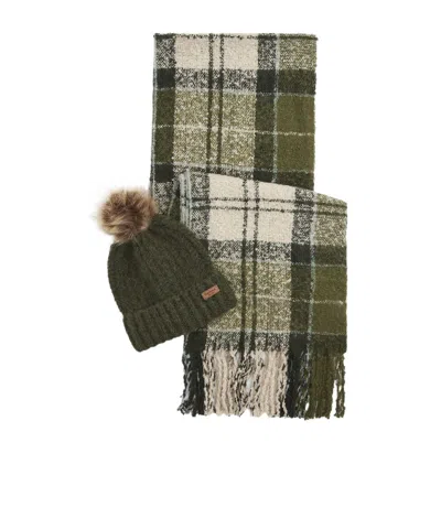 Barbour Saltburn Tartan Scarf  Beanie Knitted Set In Green