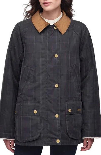 Barbour Swainby Windowpane Plaid Waxed Cotton Barn Jacket In Blue