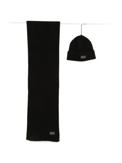 Barbour Sweeper Legacy Logo-patch Scarf And Beanie Hat Set In Black