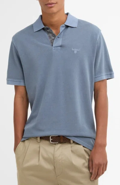 Barbour Tailored Fit Tartan Placket Cotton Piqué Polo In Blue