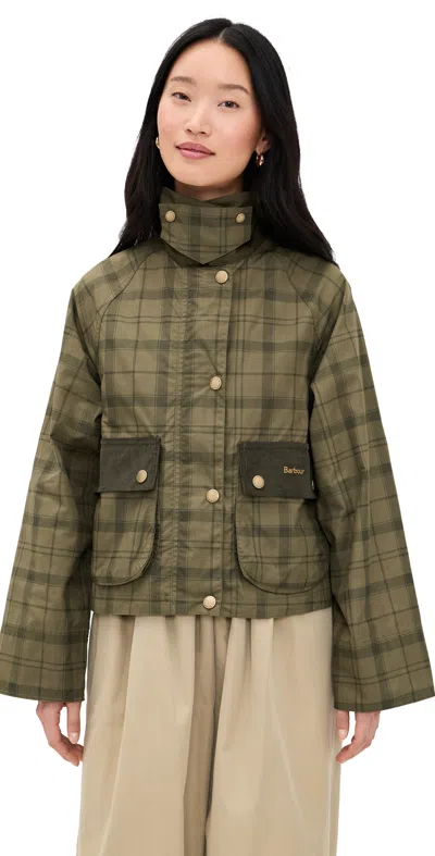Barbour Beadnell Tartan Waxed Cotton Crop Jacket In Brown