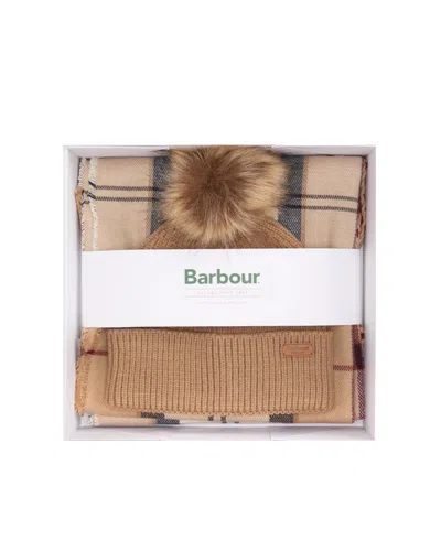 Barbour Tartan Scarf And Beanie Gift Set In Hessian Tartan