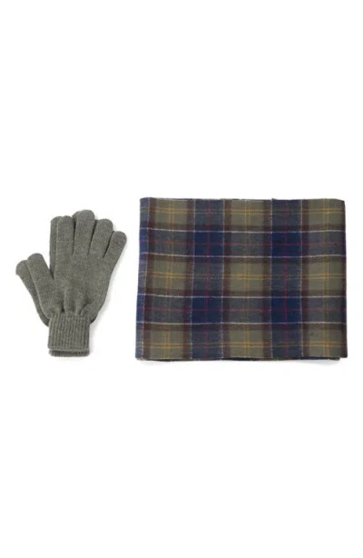 Barbour Tartan Wool Scarf & Gloves Set In Green