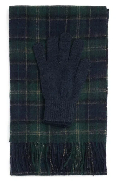 Barbour Tartan Wool Scarf & Gloves Set In Green