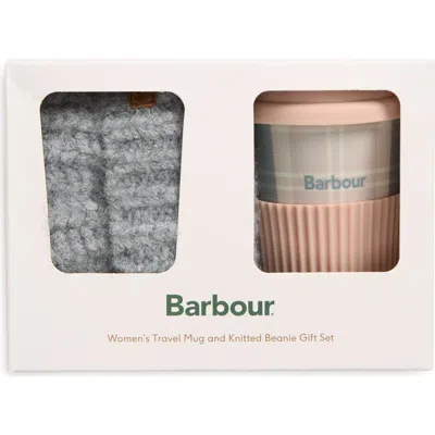 Barbour Travel Mug & Knit Beanie Set In Pink/ Gray