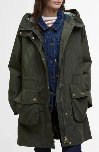Barbour Una Showerproof Water Resistant Hooded Raincoat In Olive Ancient