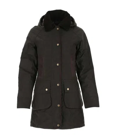 Barbour Wax-coated Buttoned-up Coat In Black