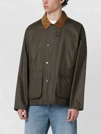 Barbour Waxed Bedale Jacket Front Pockets Contrast Collar In Green