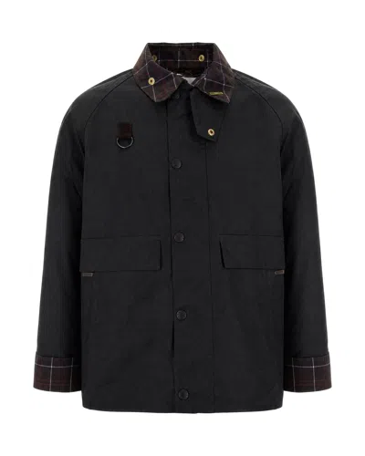 Barbour Waxed Cotton Field Jacket With Plaid Trim In Silver