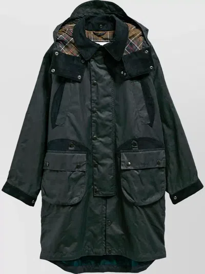 Barbour Waxed Cotton Hooded Long Padded Coat In Green