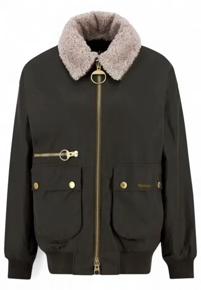 Barbour Maxine Faux Shearling-trimmed Waxed-cotton Jacket In Green