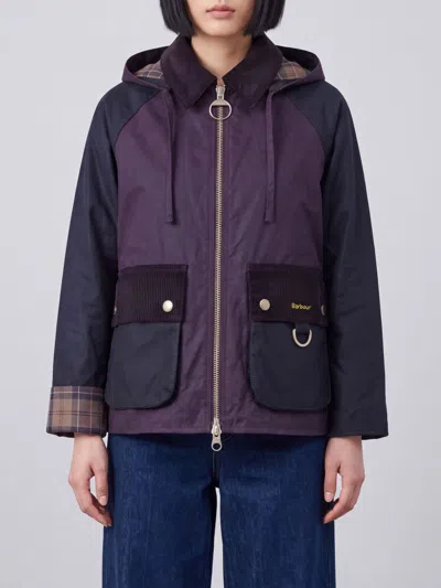 Barbour Waxed Cotton Jacket With Hood And Velvet Collar In Purple