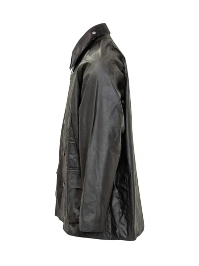 Barbour Waxed Cotton Jacket With Velvet Collar And Pocket In Black
