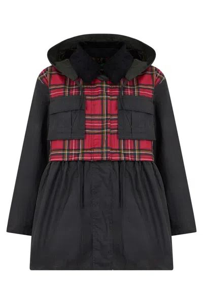 Barbour Waxed Cotton Rain Jacket With Peplum Detail And Tartan Accents In Black