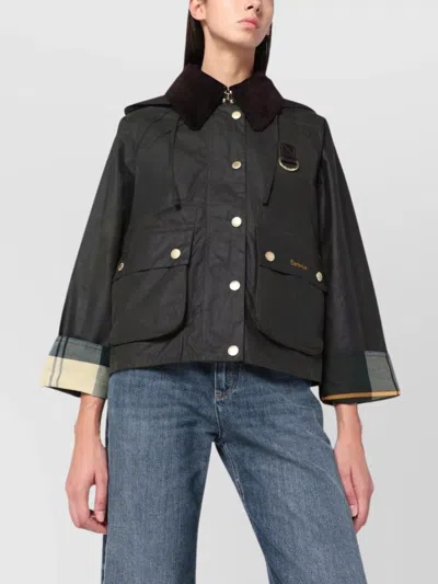 Barbour Waxed Jacket With Contrast Collar And Hood In Black