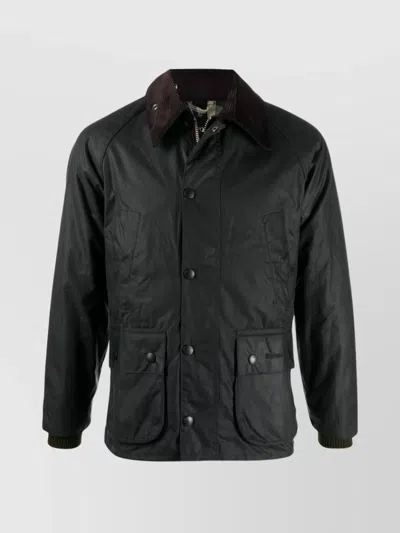 Barbour Waxed Jacket With Corduroy Collar And Pockets In Black