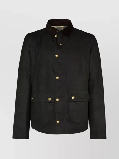 Barbour Waxed Jacket With Corduroy Collar And Pockets In Black