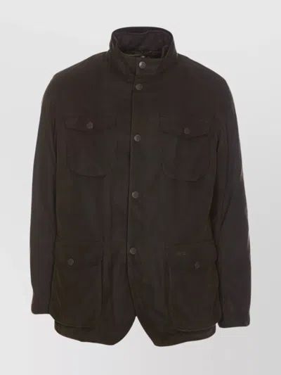 Barbour Waxed Jacket With Elbow Patches And High Neck In Green