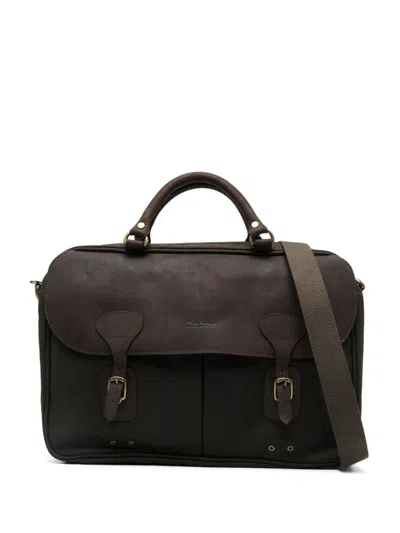 Barbour Waxed Leather Trim Tote With Buckle Straps In Green