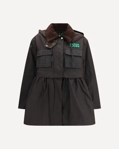 Barbour Dark Brown Jacket With All-over Stripe Motif And Logo Patch On The Front In Waxed Cotton Woman