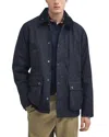 Barbour Waxed Jacket With Corduroy Collar And Pockets In Navy