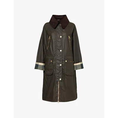 Barbour Womens Archive Olive Ebberston Zip-and-buttoned-pockets Relaxed-fit Waxed-cotton Jacket