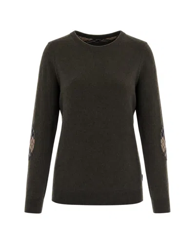 Barbour Women's Crewneck Sweater With Tartan Trim In Olive/birchwood Tartan