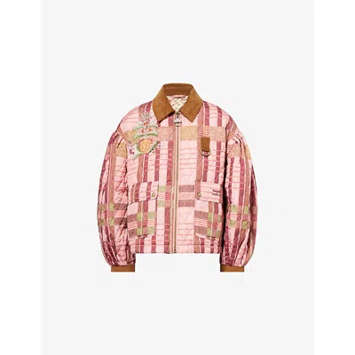 Barbour Womens Pink Tartan/beige  X Farm Rio Anaclara Quilted Woven Jacket Xs In Multi