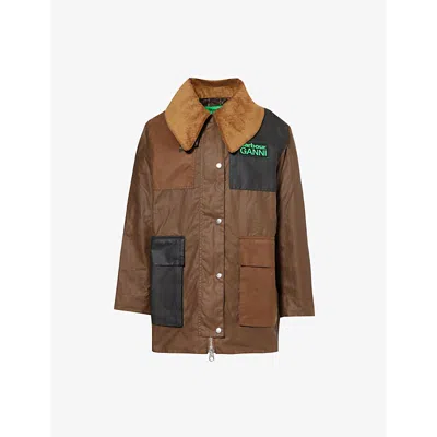 Barbour Womens Bark Classic  X Ganni Logo-embossed Organic-cotton Waxed Duffle Coat In Bark Classic