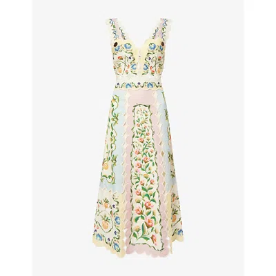 Barbour Womens Cream Petal Flower  X Farm Rio Scalloped Petal Linen-and-cotton Midi Dress In Multi
