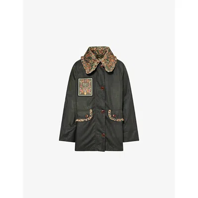 Barbour Womens Fern/green Heart Print  X Farm Rio Maria Clara Waxed Cotton Jacket In Black