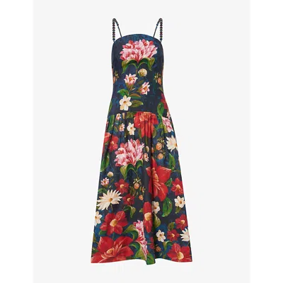 Barbour Womens Navy Wild Flower Print  X Farm Rio Wildflower Linen Midi Dress In Multi