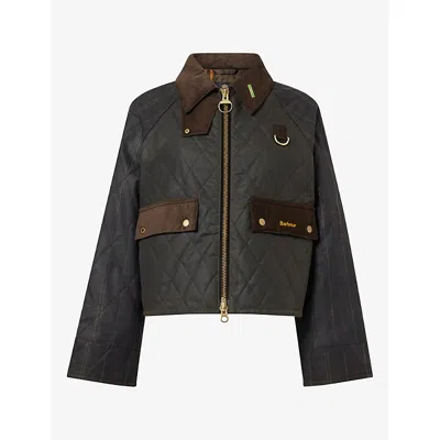 Barbour Womens Olive/classic Icons Tartan Padded Waxed-cotton Jacket In Green
