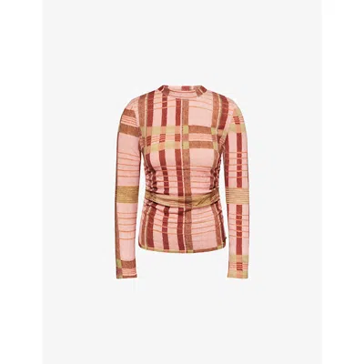 BARBOUR WOMENS PINK TARTAN BARBOUR X FARM RIO THALITA RUCHED WOOL TOP