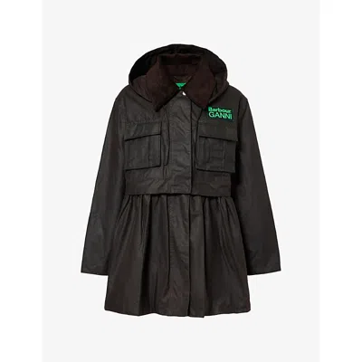 Barbour Dark Brown Jacket With All-over Stripe Motif And Logo Patch On The Front In Waxed Cotton Woman