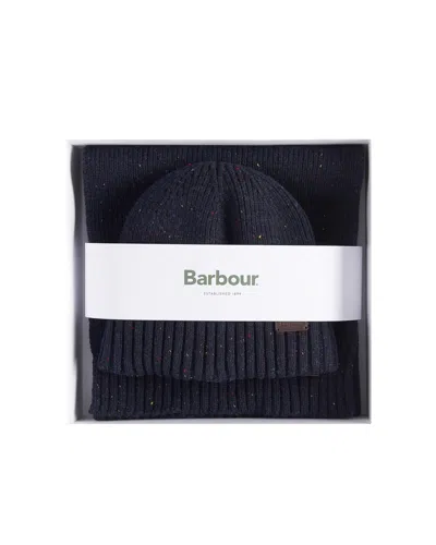 Barbour Wool Blend Ribbed Beanie And Scarf Set In Navy