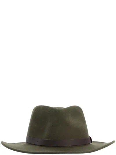 Barbour Wool Felted Debossed Logo Leather Band Crown Flat Brim Hat In Green
