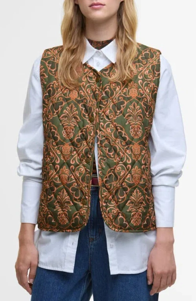 Barbour X Farm Rio Fernanda Quilted Vest In Brown