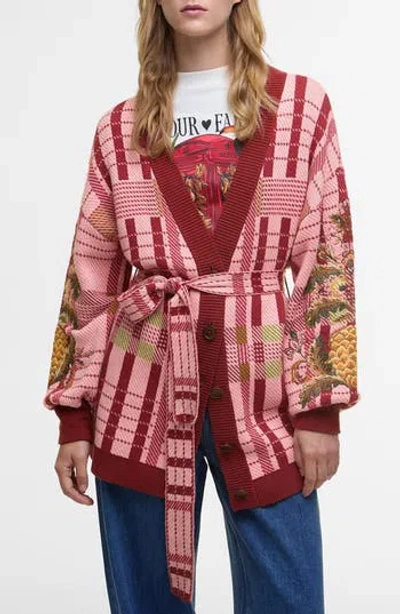 Barbour X Farm Rio Luisa Long Belted Cardigan In Pink Tartan