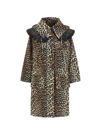 Barbour X Ganni Animal Print Ruffled Parka In Brown