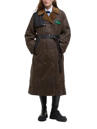 Barbour Waxed Cotton Trench Coat In Green