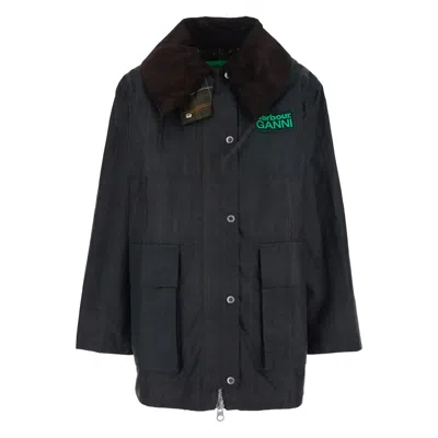 Barbour Dark Brown Jacket With All-over Stripe Motif And Logo Patch On The Front In Waxed Cotton Woman