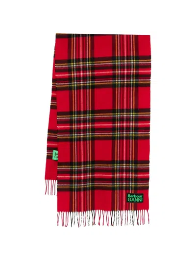 Barbour X Ganni Check Fringed Scarf In Red