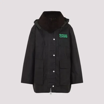 Barbour X Ganni Green Hood Ttn Duffle Wax Cotton Jacket In Blue