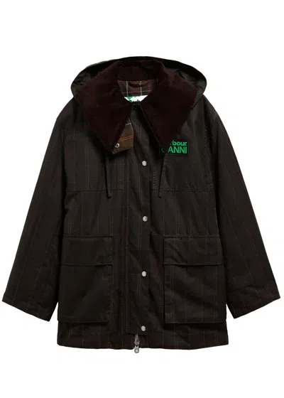Barbour Dark Brown Jacket With All-over Stripe Motif And Logo Patch On The Front In Waxed Cotton Woman