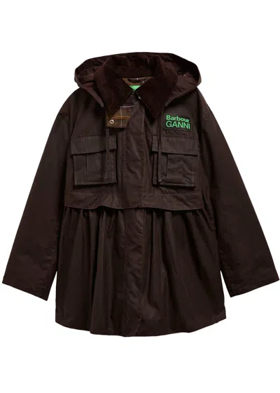 Barbour Dark Brown Jacket With All-over Stripe Motif And Logo Patch On The Front In Waxed Cotton Woman