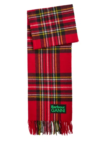 Barbour X Ganni Tartan Fringed Wool Scarf In Red