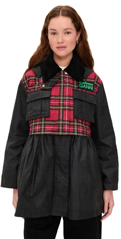 Barbour Ganni Waxed Hooded Coat Long To Short In Black